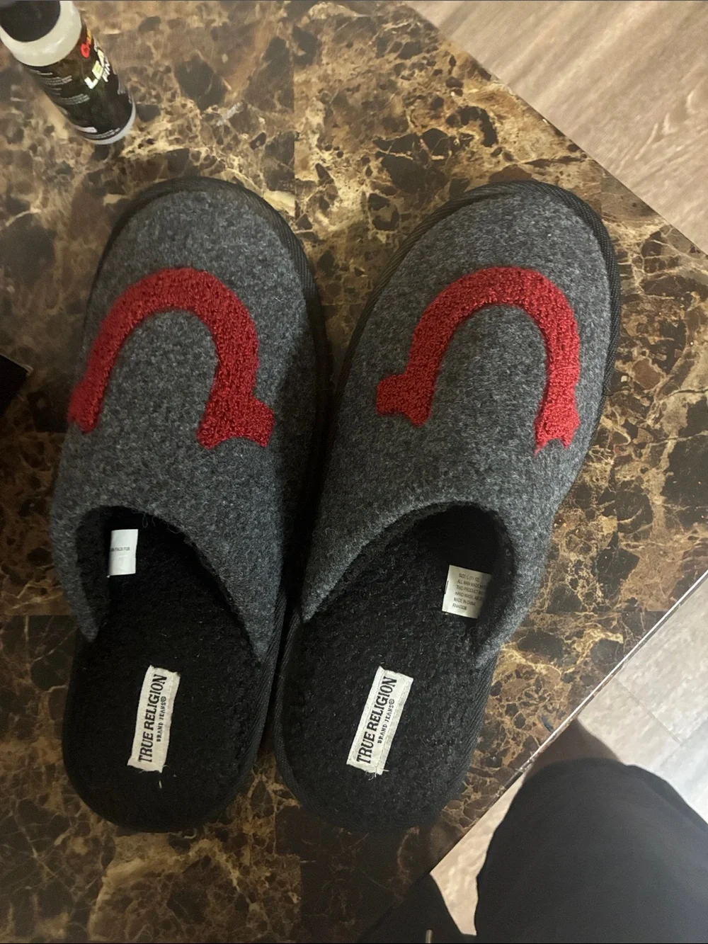 True Religion Gray Felt Slip-On Slippers with Red Arch Accent